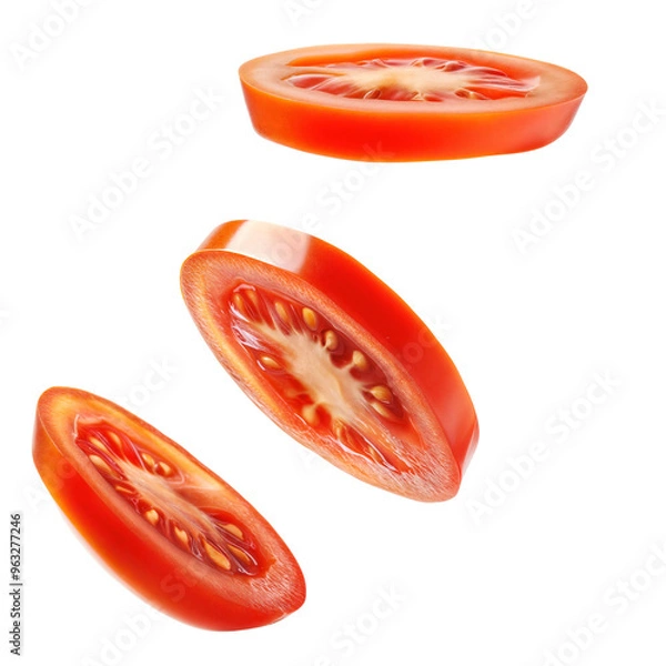 Fototapeta Fresh tomato slices in air isolated over transparent background, png ready cut-out
