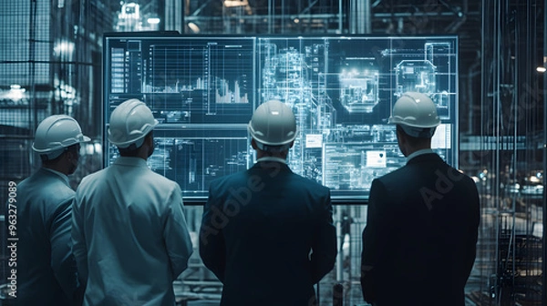 Fototapeta professional engineers group technology digital display project data operational metrics industrial construction plant site workflow diagrams performance analytics analysis