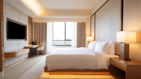 Fototapeta hotel bedroom design featuring a cozy bed, elegant lighting, and large windows with city view during the day.