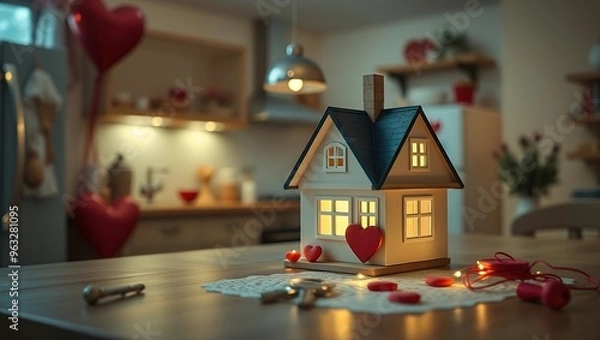 Obraz Key to tiny house of cozy home with Valentine decor on table of kitchen. Gift for valentines day, family love nest. design, project, moving to new house, mortgage, rent and purchase real estate 