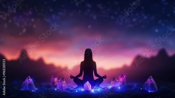 Obraz A silhouette performing meditation surrounded by glowing crystals under a starry sky at twilight.