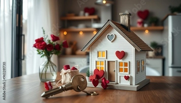 Obraz Key to tiny house of cozy home with Valentine decor on table of kitchen. Gift for valentines day, family love nest. design, project, moving to new house, mortgage, rent and purchase real estate 