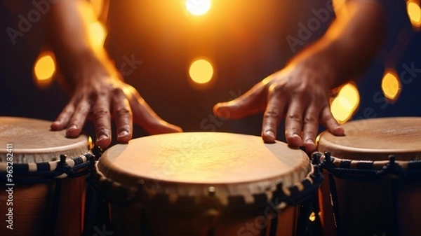 Obraz hands playing conga drums, surrounded by warm, golden bokeh lighting. Perfect for music and percussion themes.