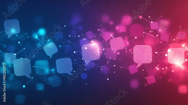 Obraz Speech bubbles in abstract form float on a digital network against a backdrop of blue and purple