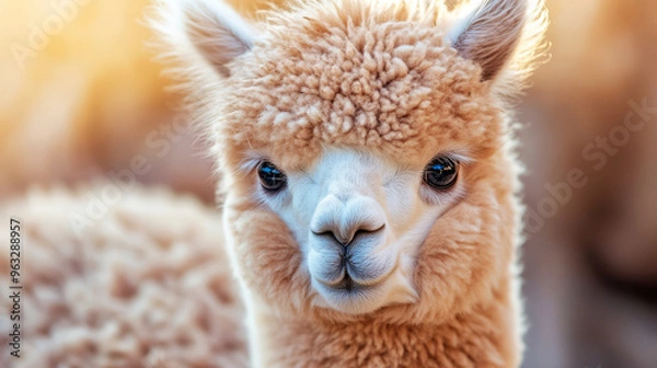 Fototapeta Close-Up Portrait Of A Cute Alpaca With Fluffy Brown Fur And Big, Expressive Eyes.