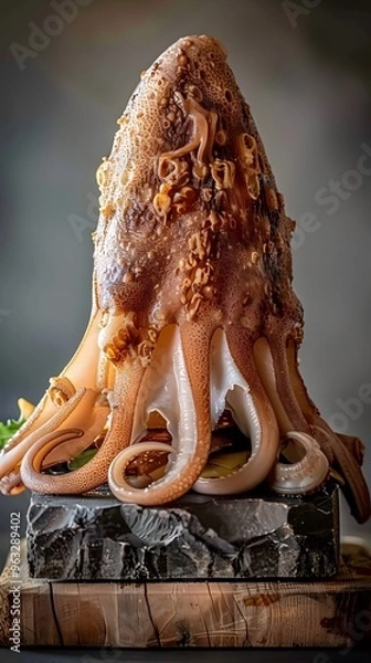 Fototapeta A majestic octopus showcasing its intricate textures and colors on a stone base.