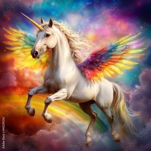 Fototapeta A Magical Unicorn With Colorful Wings Soaring Over a Vibrant Rainbow in the Sky