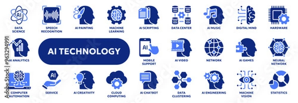 Fototapeta Set of vector solid icons related to artificial intelligence, machine learning, data science and analytics. Symbols for website or app ui, logo design, illustration