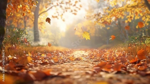Fototapeta Woodland path, covered in colorful autumn leaves, 3D illustration, copy space for text,