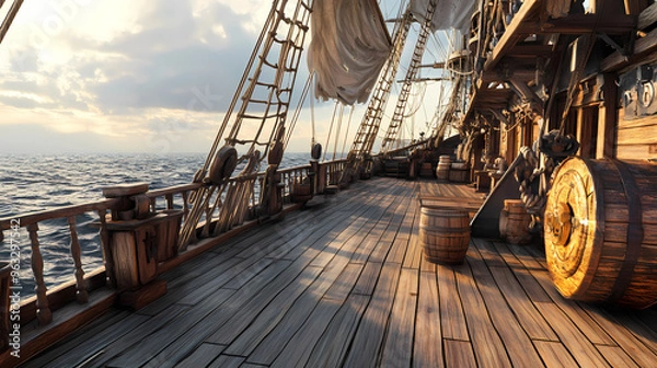 Fototapeta Outside of pirate old ship. daylight view of ship background. 3d illustration of deck of a pirate ship. mixed media. Pirate. Illustration