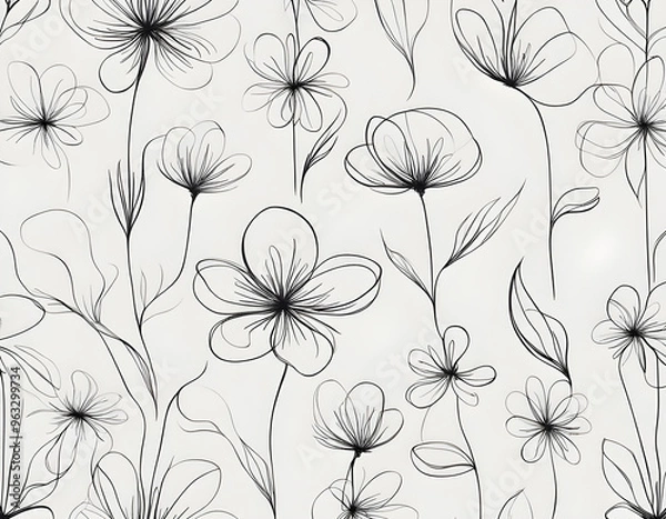 Fototapeta One line Art Flowers Design Seamless Background