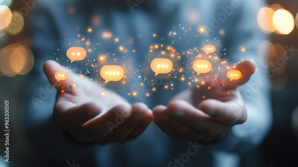 Fototapeta Businessman delivering illuminated speech bubbles, representing digital age communication and global connectivity