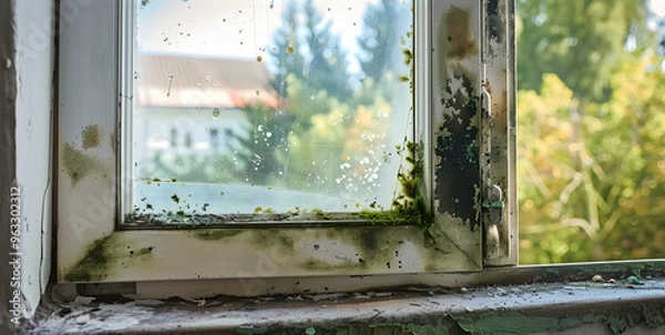 Fototapeta Sloppy maintenance leads to extensive mold growth on window and slopes, mold, mildew, window, damp, fungus
