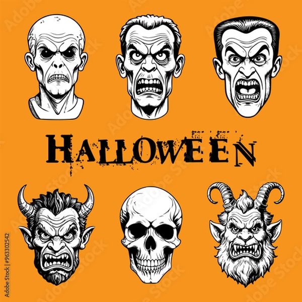 Fototapeta Set of Halloween characters isolated on colored background. Hand drawn vector illustration in comic style.