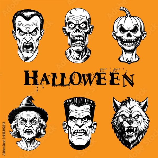 Fototapeta Set of Halloween characters isolated on colored background. Hand drawn vector illustration in comic style.