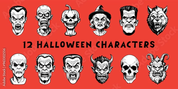 Fototapeta Set of Halloween characters isolated on colored background. Hand drawn vector illustration in comic style.