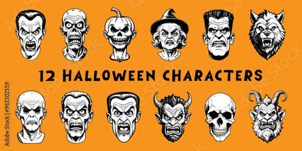 Fototapeta Set of Halloween characters isolated on colored background. Hand drawn vector illustration in comic style.