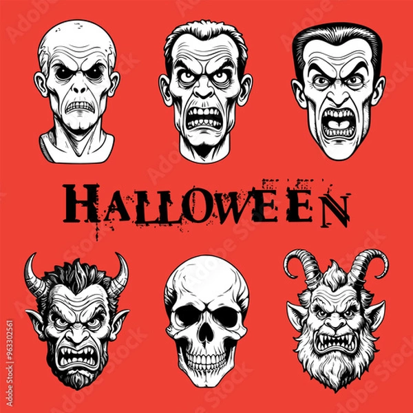 Fototapeta Set of Halloween characters isolated on colored background. Hand drawn vector illustration in comic style.
