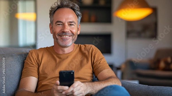 Obraz Happy man relaxes at home, smiling and using his phone on the sofa