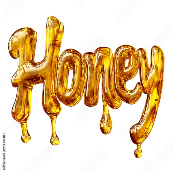 Fototapeta Honey word made with golden syrup isolated on white background for sweet treats, natural sweetness or healthy food concept, Cutout, Isolated on White Background