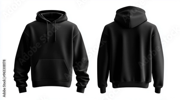 Fototapeta Blank hoodie color black template front and back view on white background. crew neck mock up isolated on white background. Created using Generative AI Technology