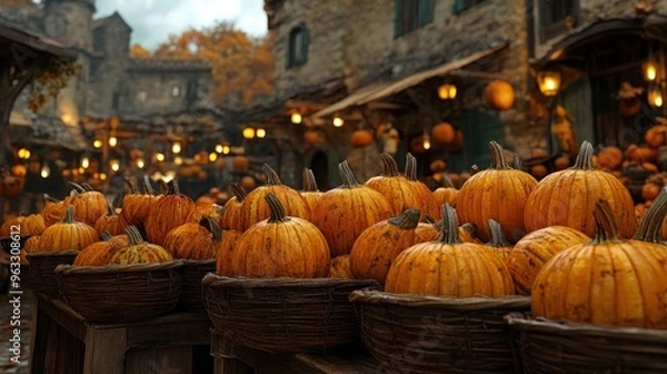 Fototapeta Autumn Harvest Festival A Bountiful Display of Pumpkins Under Warm Lighting, Creating a Festive Fall Mood Capture the Spirit of Fall with This Stunning Image