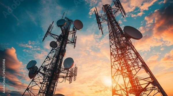 Obraz Telecommunication towers with satellite dishes standing tall against a vibrant sunset sky, symbolizing modern communication, technology, and network infrastructure.