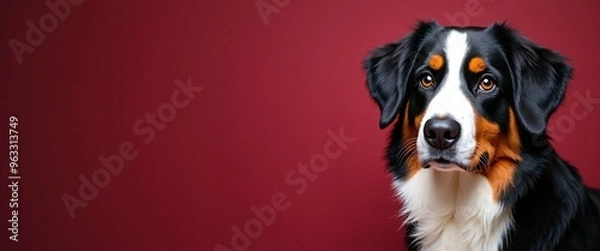 Fototapeta Bernese Mountain Dog with Alert Expression Posing Against Red Background with Copy Space