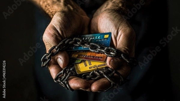 Obraz Close-up of hands gripping chained credit cards, representing financial debt, credit card dependency, and the burden of financial restrictions.