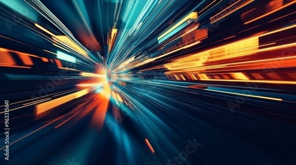 Fototapeta Abstract speed lines with glowing blue and orange lights converging to a vanishing point.