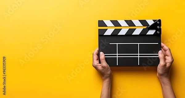 Obraz Close up of hands holding a clapperboard on a yellow background. Movie production concept.