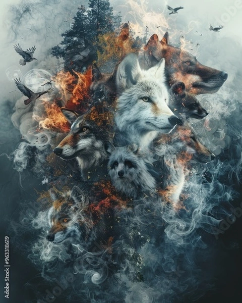 Fototapeta A captivating blend of wolves, nature, and fire, creating an ethereal and artistic representation of wild beauty.