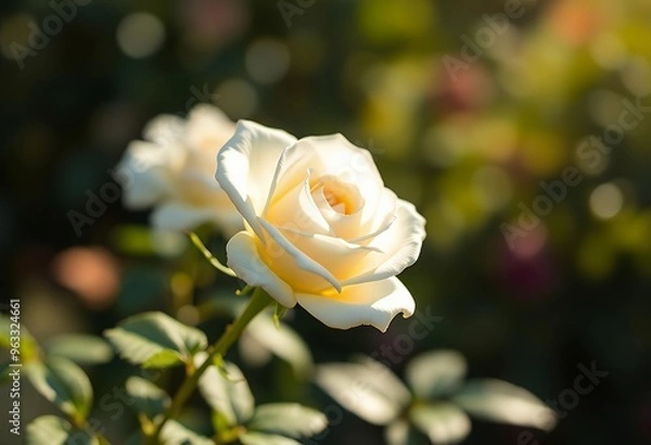 Obraz White rose flower in the garden and sunlight with bokeh 