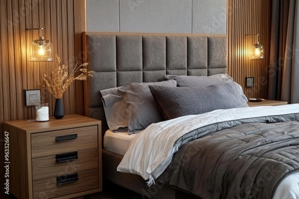Fototapeta Loft design elements in a modern bedroom with a wooden drawer nightstand by a bed with a grey fabric headboard.