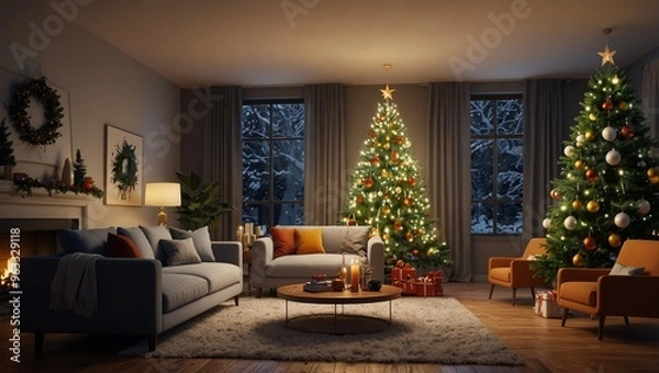 Fototapeta Interior of modern living room with Christmas tree