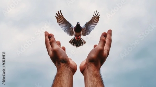 Fototapeta A pair of hands releasing a dove into a stormy sky, letting go, grief turning into acceptance