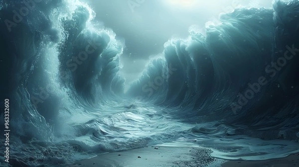 Fototapeta Depict the miraculous journey as Moses guides the Israelites through the parted Red Sea, with colossal walls of water on both sides, forming a grand passageway illuminated by a soft,