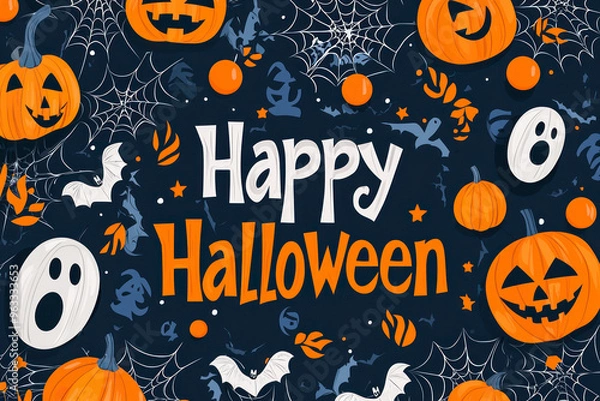 Fototapeta Text "Happy Halloween" surrounded by Halloween-themed decorations and graphics. stock photo.
