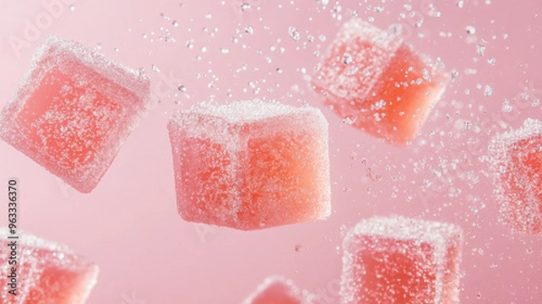 Fototapeta Crispy jelly cubes being sprinkled with sugar, frozen in mid-air against a soft pastel background.