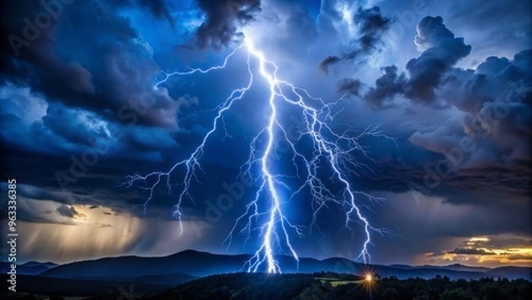 Fototapeta Electricity crackles through a lightning bolt, slicing through the darkness of a stormy night, brilliant whites and deep blues capturing the raw energy of the natural phenomenon.