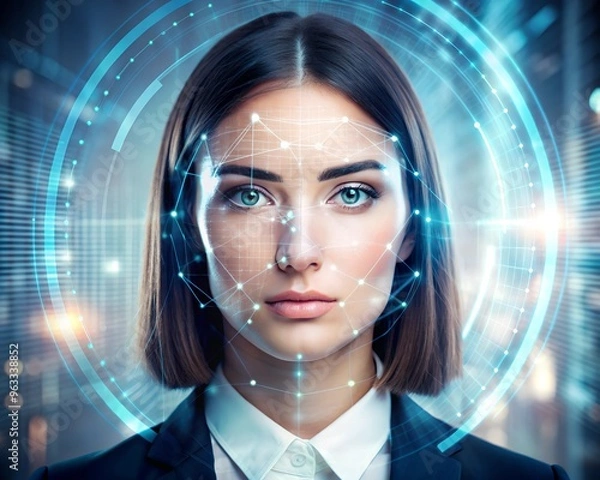 Fototapeta ฆmart technology for face recognition, double exposure. Biometric identification, futuristic cyber security, scanning, and facial detection