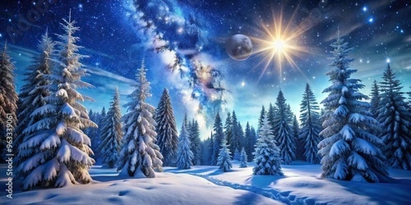 Fototapeta Magical nighttime scene of a snow-covered forest, with towering trees, sparkling snowflakes, and a stunning, starry sky, illuminated by soft, moonlight.