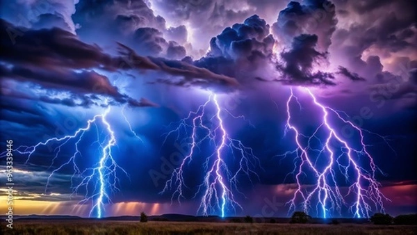Fototapeta Electrifying lightning bolts bursting out of a stormy night sky, radiating vibrant blue and purple hues that illuminate the dark clouds.