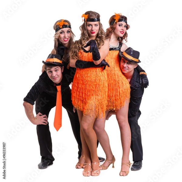 Fototapeta Cabaret dancer team dancing.  Isolated on white background in full length