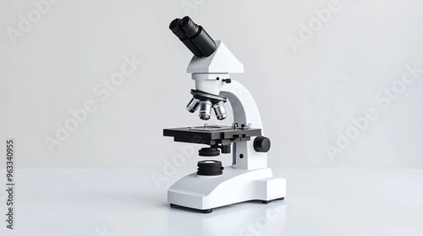 Obraz Modern white microscope on a white background with space for text, representing scientific research and innovation