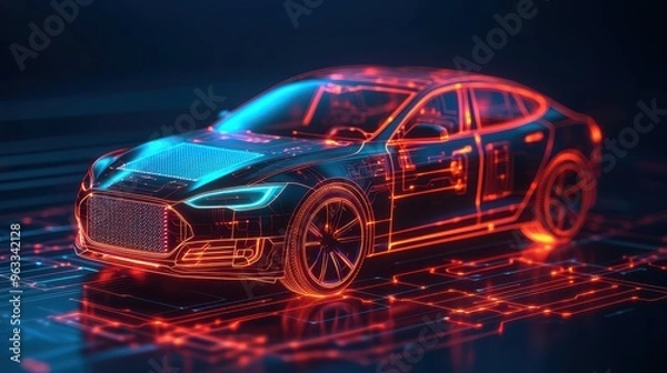 Fototapeta A futuristic car with a red and blue design