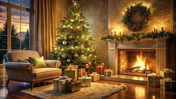 Fototapeta A warm and cozy living room with a crackling fireplace, lush green tree, and presents wrapped in shimmering paper, all bathed in soft, warm evening light.