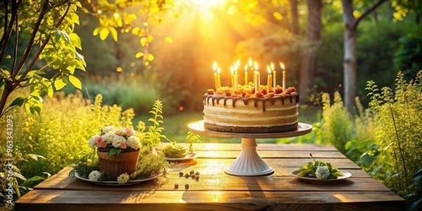 Fototapeta In a whimsical outdoor setting, a giant birthday cake with sparkling candles sits atop a vintage wooden table, surrounded by lush greenery and warm afternoon sunlight.