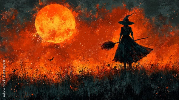 Fototapeta Silhouette of a witch with her broom under a blood-red moon.