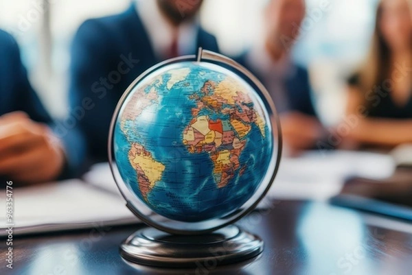 Obraz A globe sits on a table in front of three businesspeople. The globe symbolizes international business and global connections.
